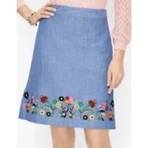 Talbots Embroidered Needlework Floral Linen Blend Skirt Blue Sz 12 Petite